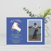 Let's Roll Rollerskate Blue Birthday Party Photo Invitation (Standing Front)