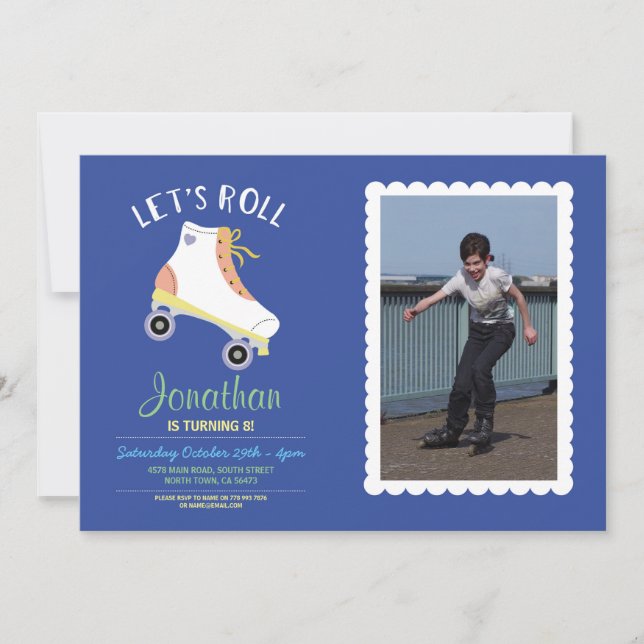 Let's Roll Rollerskate Blue Birthday Party Photo Invitation (Front)