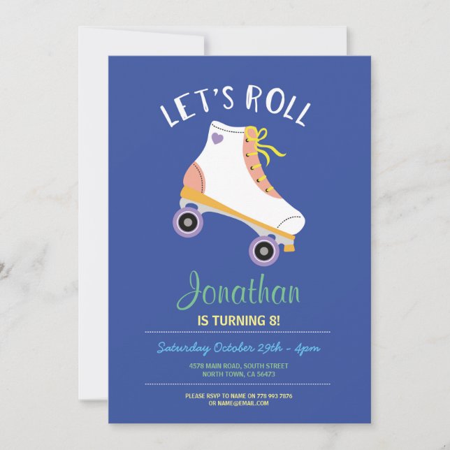 Let's Roll Rollerskate Blue Birthday Party Skating Invitation (Front)