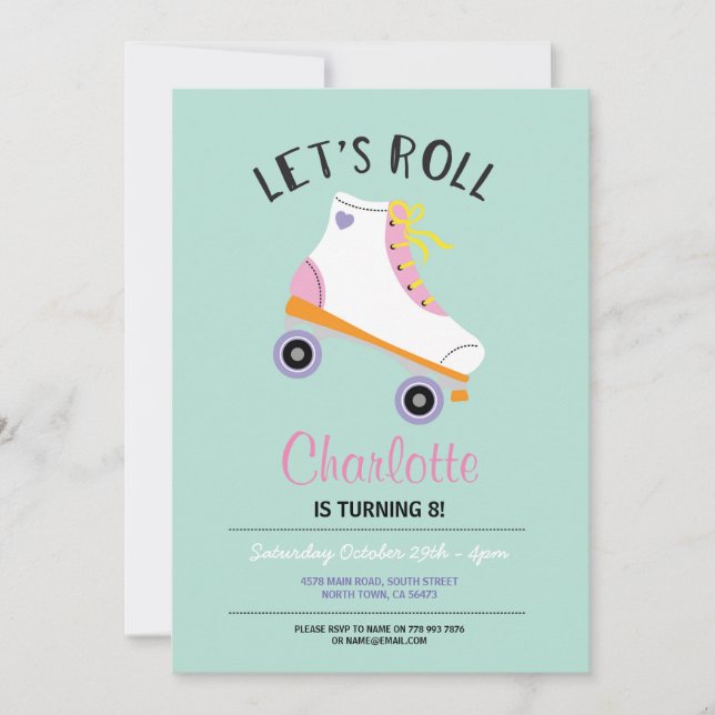 Let's Roll RollerSkate Girls Birthday Party Invite (Front)
