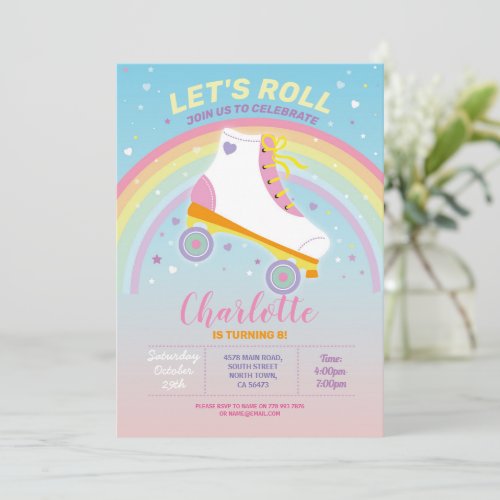 Lets Roll RollerSkate Girls Birthday Party Invite