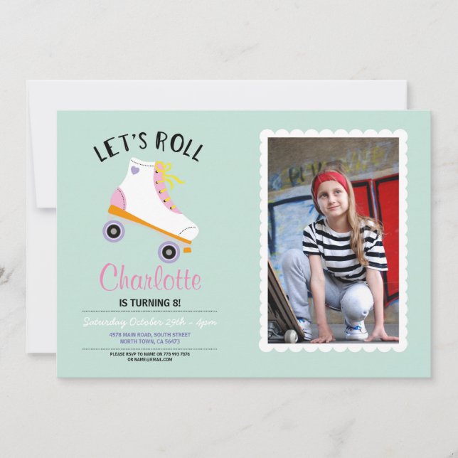 Let's Roll Rollerskate Girls Birthday Party Photo Invitation (Front)