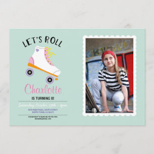 Let's Roll Rollerskate Girls Birthday Party Photo Invitation