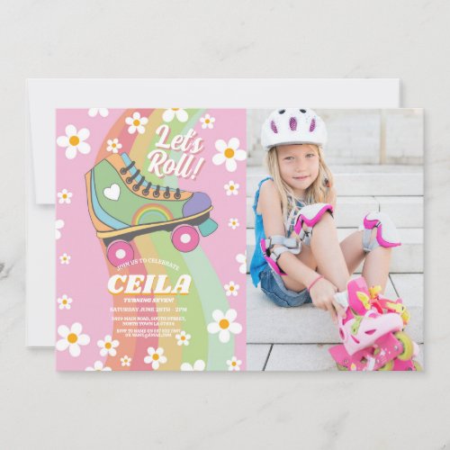 Lets Roll Rollerskate Photo Retro Groovy 1970s Invitation