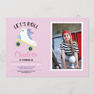 Let's Roll Rollerskate Pink Birthday Party Photo Invitation