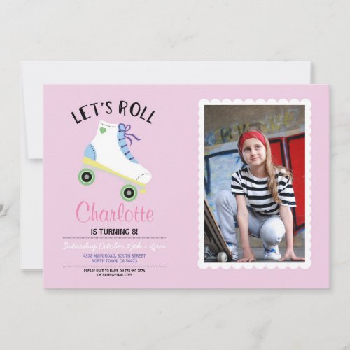 Lets Roll Rollerskate Pink Birthday Party Photo Invitation