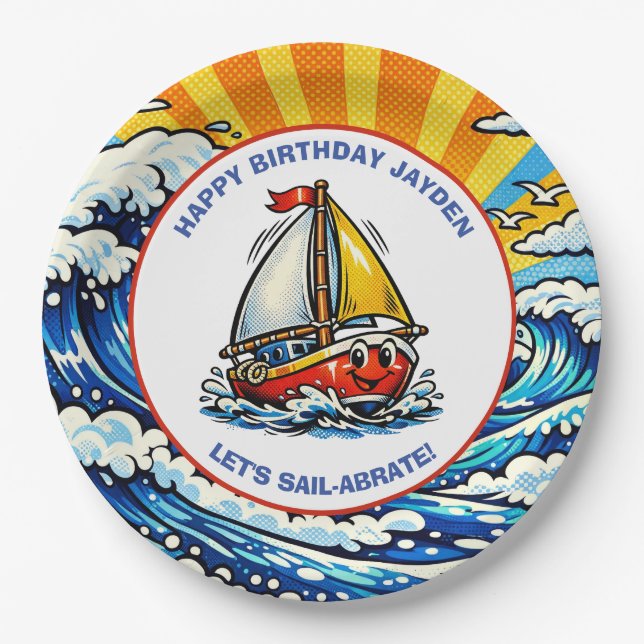 Let's Sail-abrate | Sailboat Themed Boy's Birthday Paper Plates (Front)