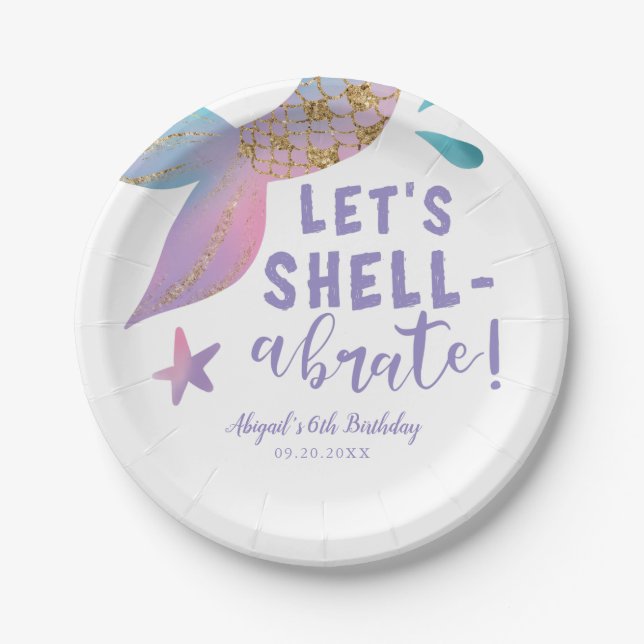 Lets Shell-abreate Magical Mermaid Birthday Party Paper Plates (Front)
