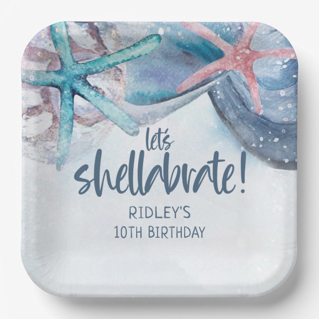 Let's Shellabrate Starfish Shells Beach Birthday Paper Plates (Front)