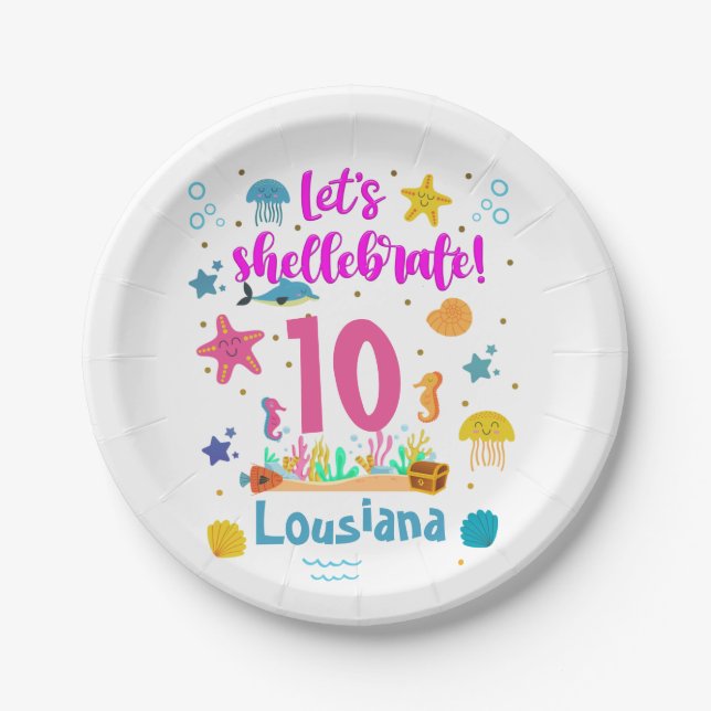 Lets Shellebrate Marine Ocean Under Sea Birthday Paper Plates (Front)