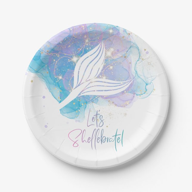 Lets Shellebrate Mermaid Tail Watercolor Birthday  Paper Plates (Front)