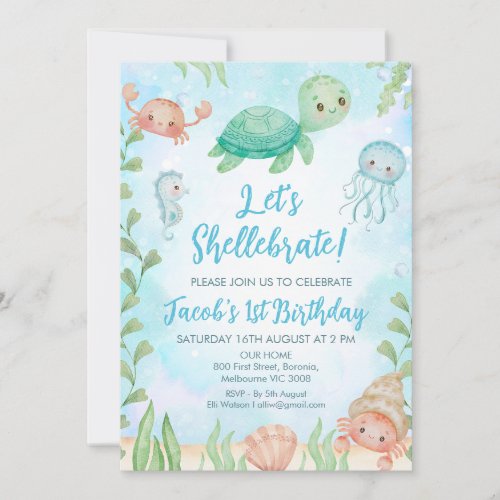 Lets Shellebrate Sea Turtle Under Sea Birthday Invitation