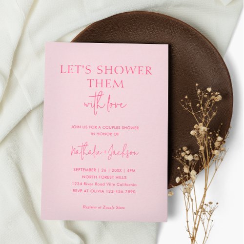 Lets Shower Them Bright Pink Couple Shower Bridal Invitation