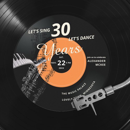 Lets Sing Dance 30 Piano Vintage Record Birthday Invitation