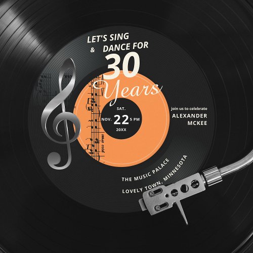 Lets Sing Dance 30 Years Vintage Record Birthday Invitation