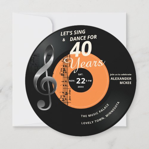 Lets Sing Dance 40 Years Vintage Record Birthday Invitation
