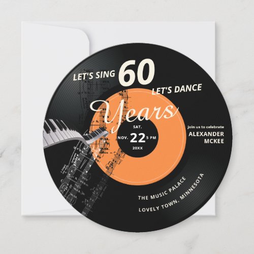 Lets Sing Dance 60 Piano Vintage Record Birthday Invitation