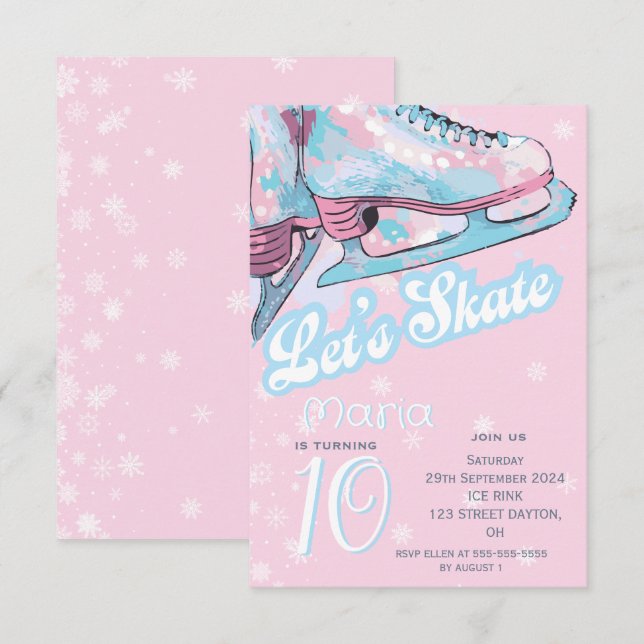 "Let's skate" figure ice skating birthday party Invitation (Front/Back)