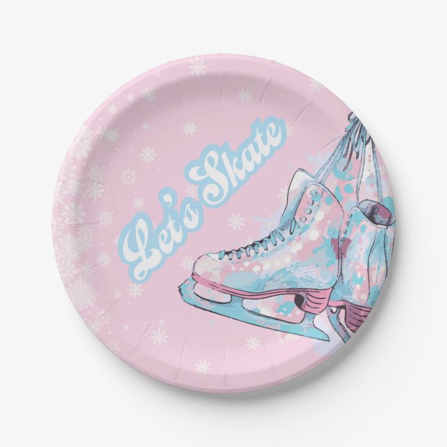 "Let's skate" figure ice skating birthday party Paper Plates (Front)