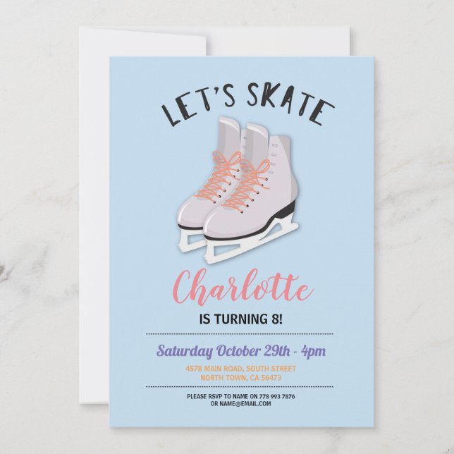 Let's Skate Girls Blue Ice-Skating Birthday Party Invitation (Front)