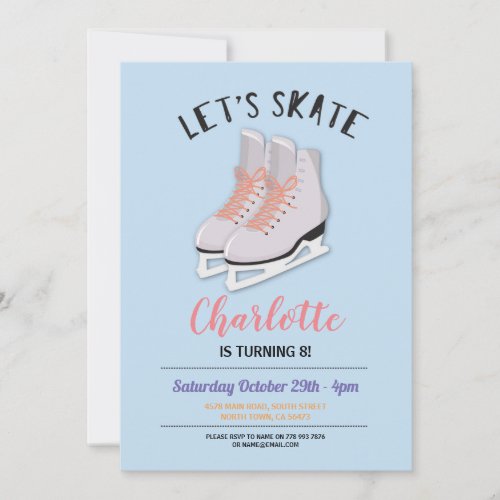 Lets Skate Girls Blue Ice_Skating Birthday Party Invitation