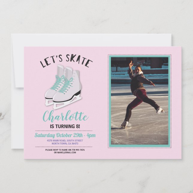 Let's Skate Girls Pink Ice-Skating Birthday Photo Invitation (Front)