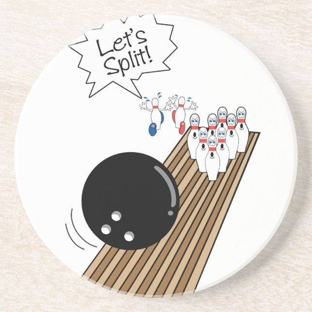 lets split scared bowling pins cartoon humor coaster (Front)