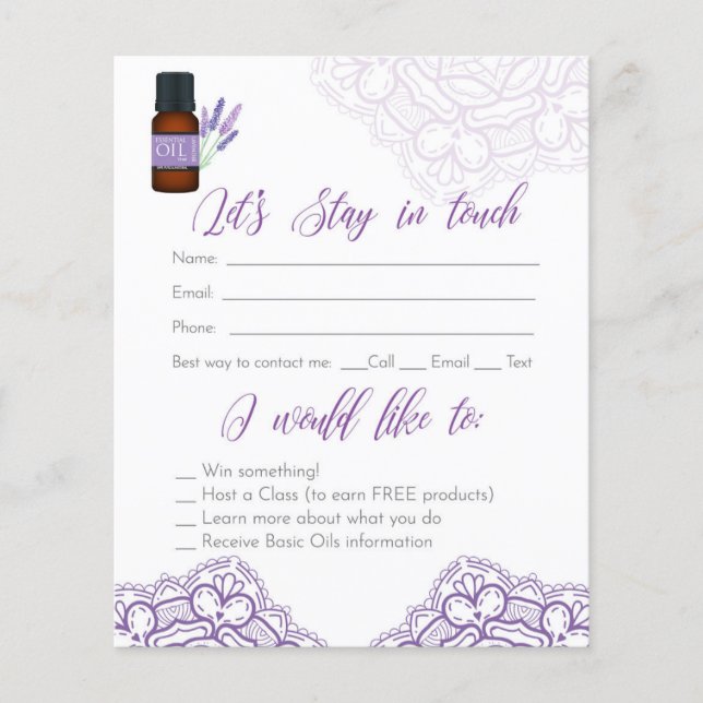 Let's stay in touch Essential oils consultant Flyer (Front)