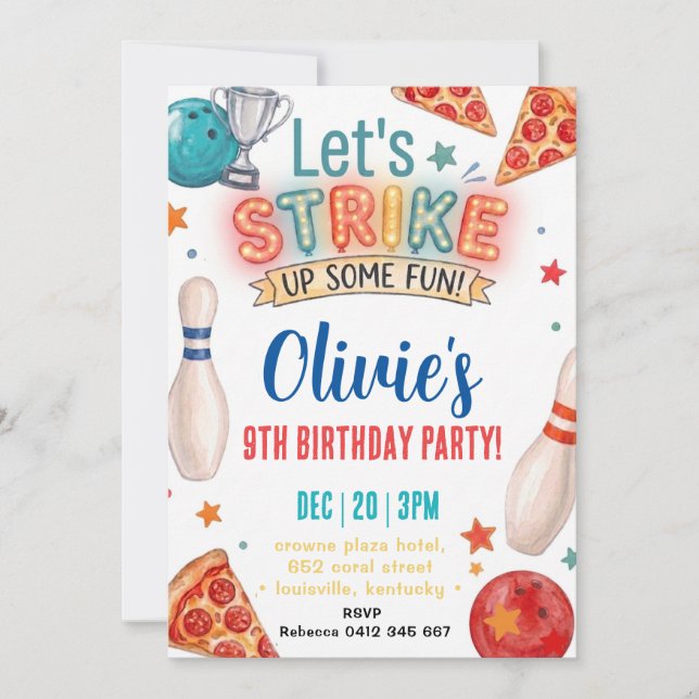 Let's strike Bowling Pizza birthday Invitation (Front)