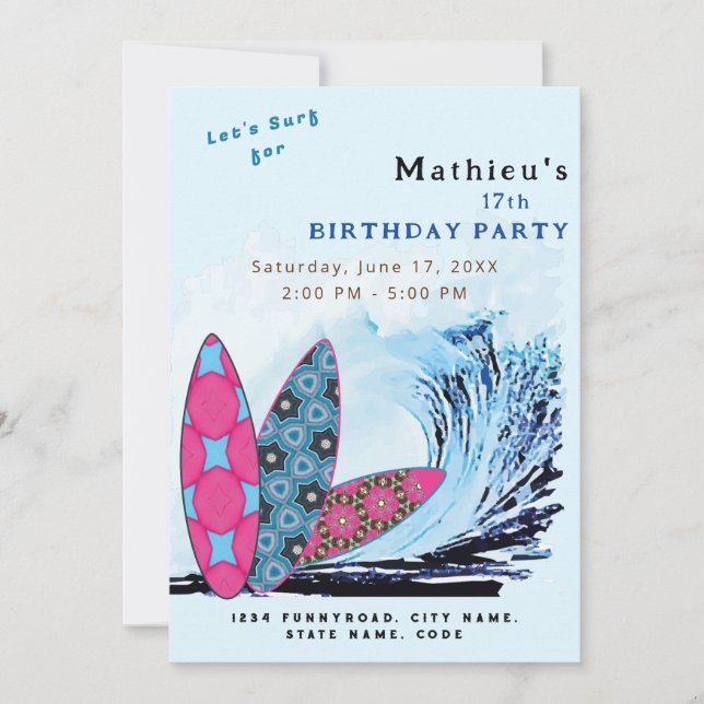 Let's surf surfboard beach birthday party invitation (Front)