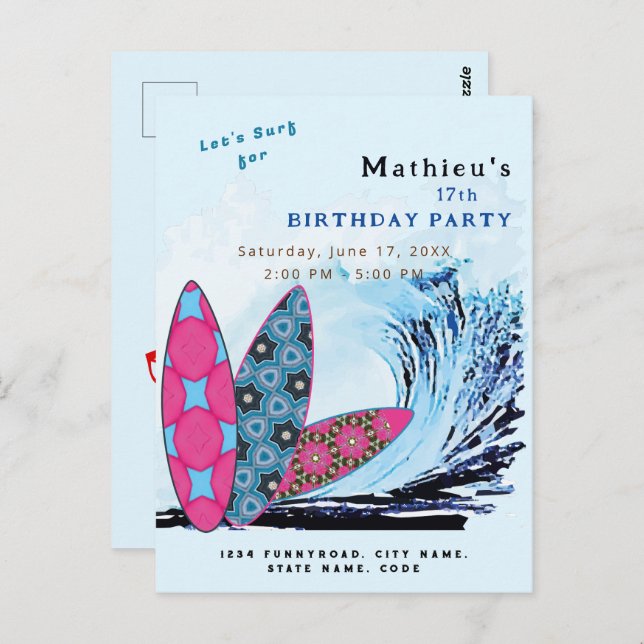 Let's surf surfboard beach birthday party postcard (Front/Back)