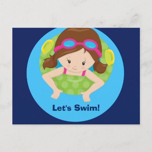 Lets Swim Girls Birthday Pool Party Brunette Blue Postcard