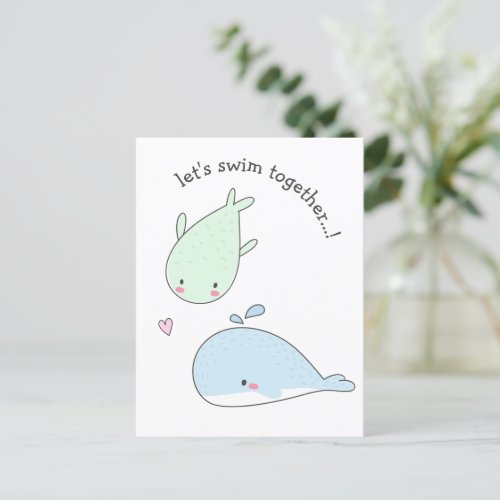 Lets Swim Together Cute Whales _ Valentines Postcard