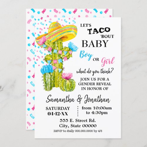 Lets taco about baby gender reveal cactus invitation