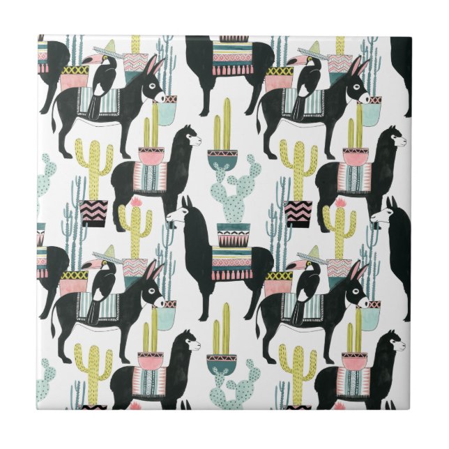 Let's Taco About Love | Llama & Donkey Pattern Ceramic Tile (Front)