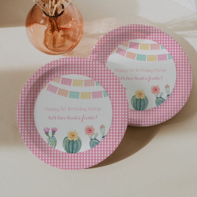 let's taco bout a Fiesta Cactus Papel Picado Paper Plates (Fun Mexican fiesta inspired cactus paper plates for girl birthday party or baby girl shower party)