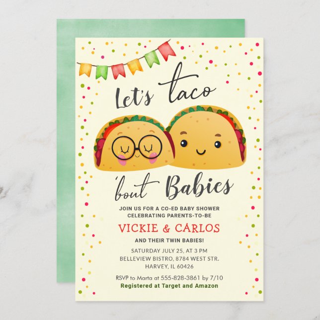 Let's Taco Bout Babies Co-ed Twin Baby Shower Invitation (Front/Back)