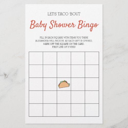 Lets Taco Bout Baby Shower Bingo Game