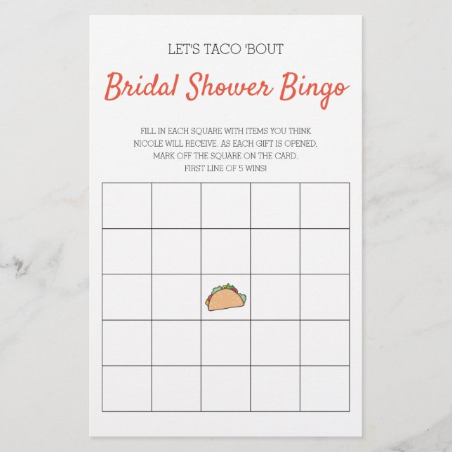 Let's Taco 'Bout Bridal Shower Bingo Game (Front)