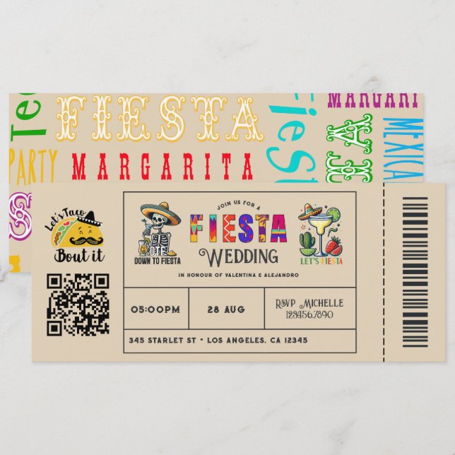"Let's Taco Bout It" Mexican Fiesta Wedding Ticket Invitation (Front/Back)