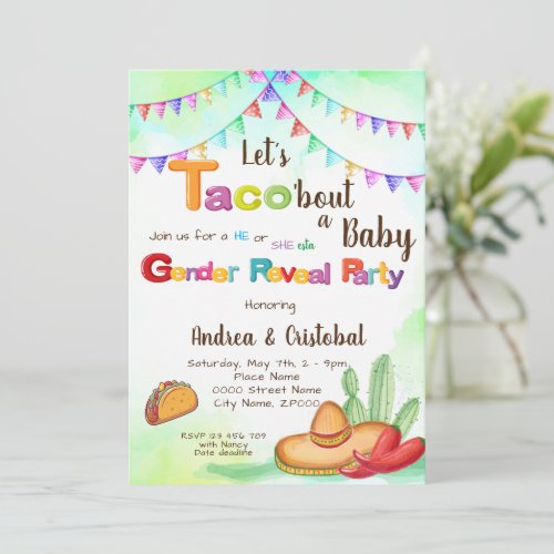 Lets Tacobout a Baby Fiesta theme Gender Reveal  Invitation