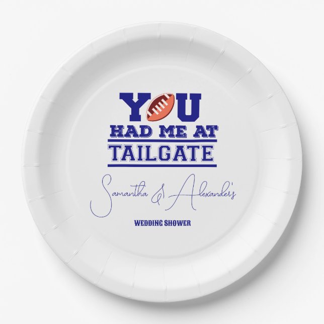 Let's Tailgate Celebrate Blue Bridal Couple Shower Paper Plates (Front)
