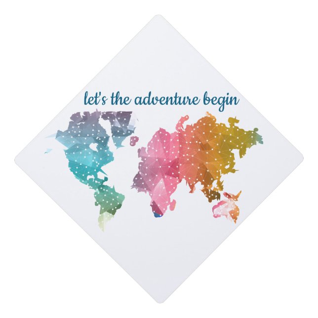 Let's The Adventure Begin Geometric World Map Graduation Cap Topper (Front)