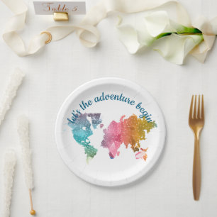 Let's The Adventure Begin Geometric World Map Paper Plates