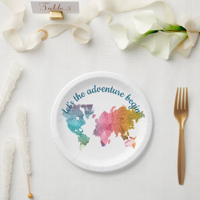Let's The Adventure Begin Geometric World Map Paper Plates (Wedding)