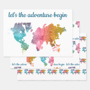 Let's The Adventure Begin Geometric World Map Wrapping Paper Sheets