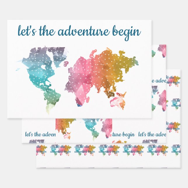 Let's The Adventure Begin Geometric World Map Wrapping Paper Sheets (Set)