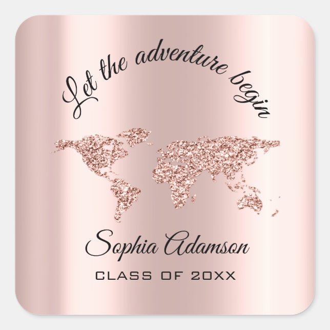 Lets The Adventure Begin Wedding Grad World Map Square Sticker (Front)