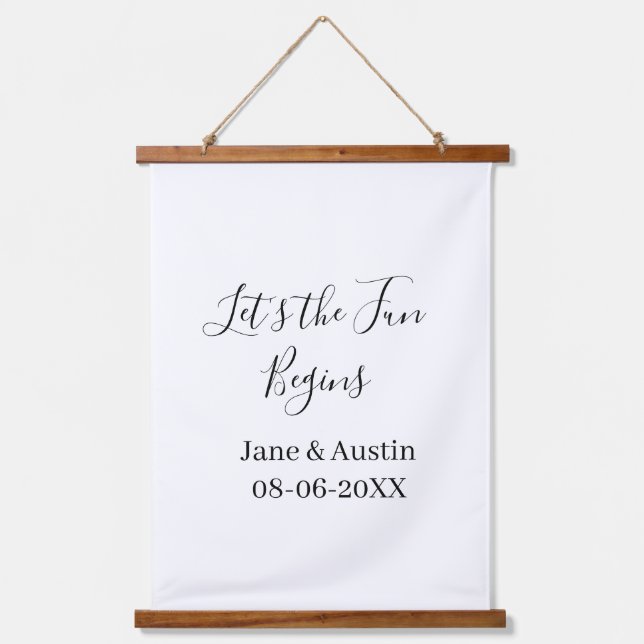 lets the fun begins wedding couple name date simpl hanging tapestry (Front)