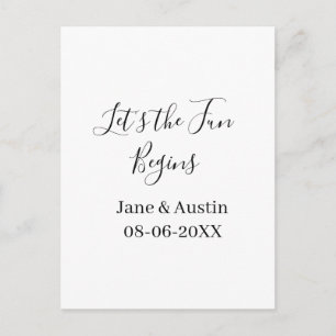 lets the fun begins wedding couple name date simpl postcard